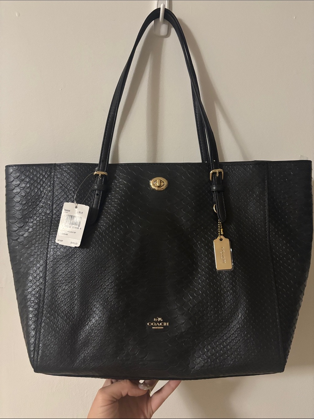 Coach Black snake print  Leather Tote with Gold Hardware